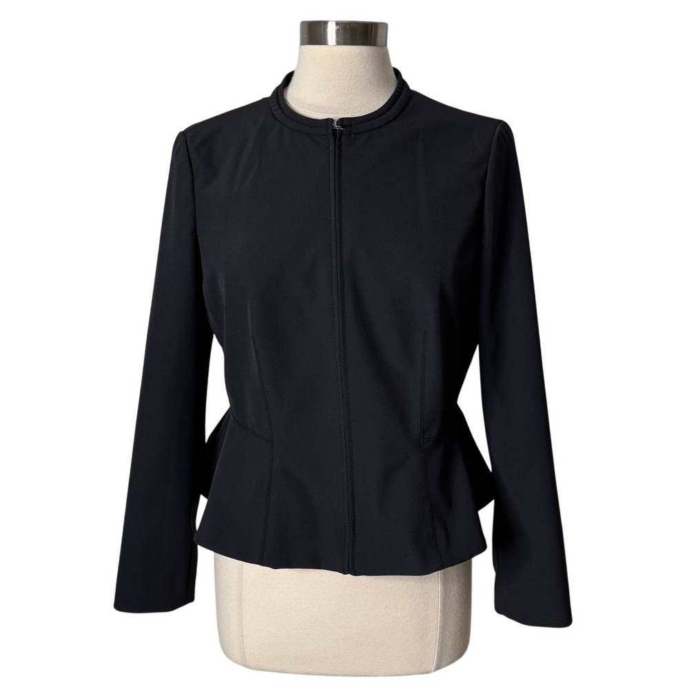 Rebecca Taylor Ava Peplum Black Zip Front Jacket Collarless Blazer Womens 10